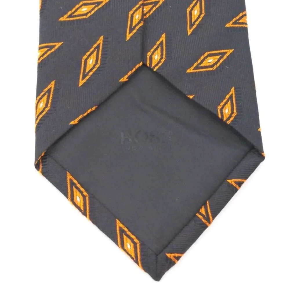 Hugo Boss Tie Orange Black Silk Geometric‎ Print Made In Italy 58